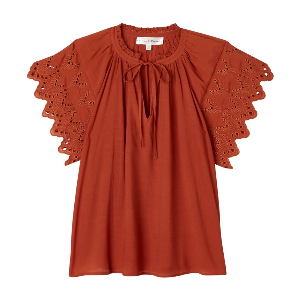 Chelsea & Theodore Embroidered Sleeve Top - size L - Eyelet Gingerbread Rust NWT